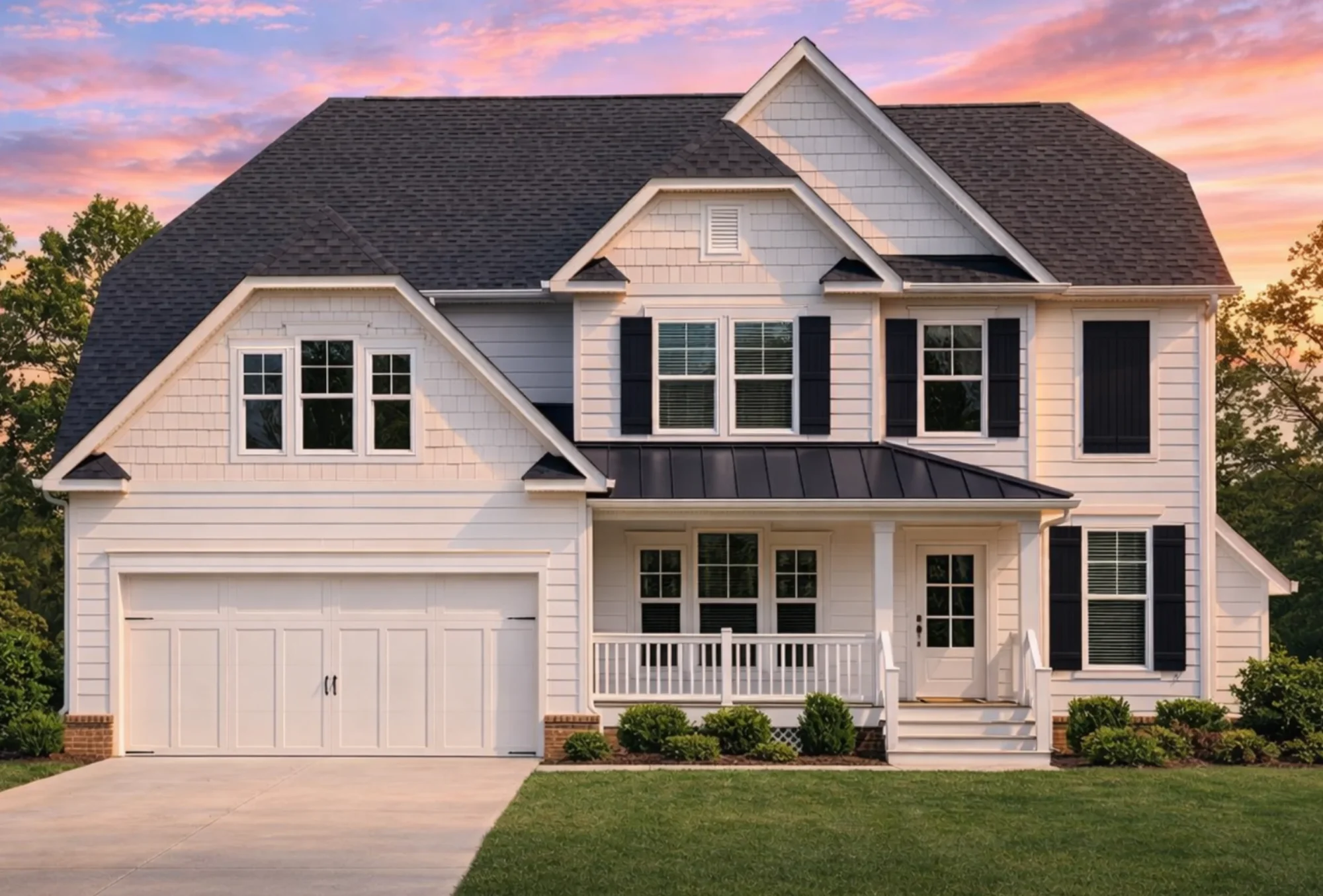 Front elevation of a modern farmhouse style two-story home with white siding, stone foundation, black shutters, and a covered front porch