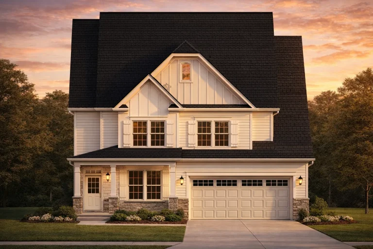 Front elevation of a New American modern farmhouse style home with board and batten siding, gabled rooflines, covered porch, and attached garage