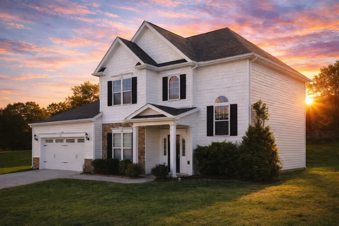 Front elevation of a Traditional Colonial New American style house featuring light-colored lap siding, stone-accented gable, symmetrical windows, and attached two-car garage