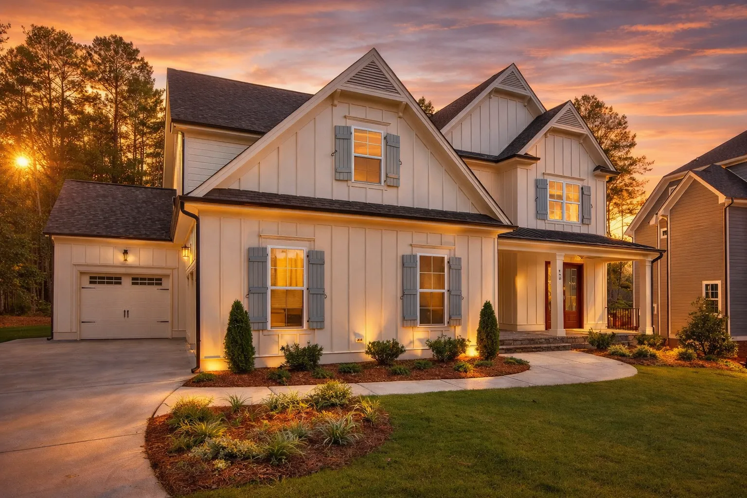 6 Bedroom House Plans 29 Front elevation of a New American modern traditional house featuring board and batten siding, symmetrical windows, and a welcoming covered porch