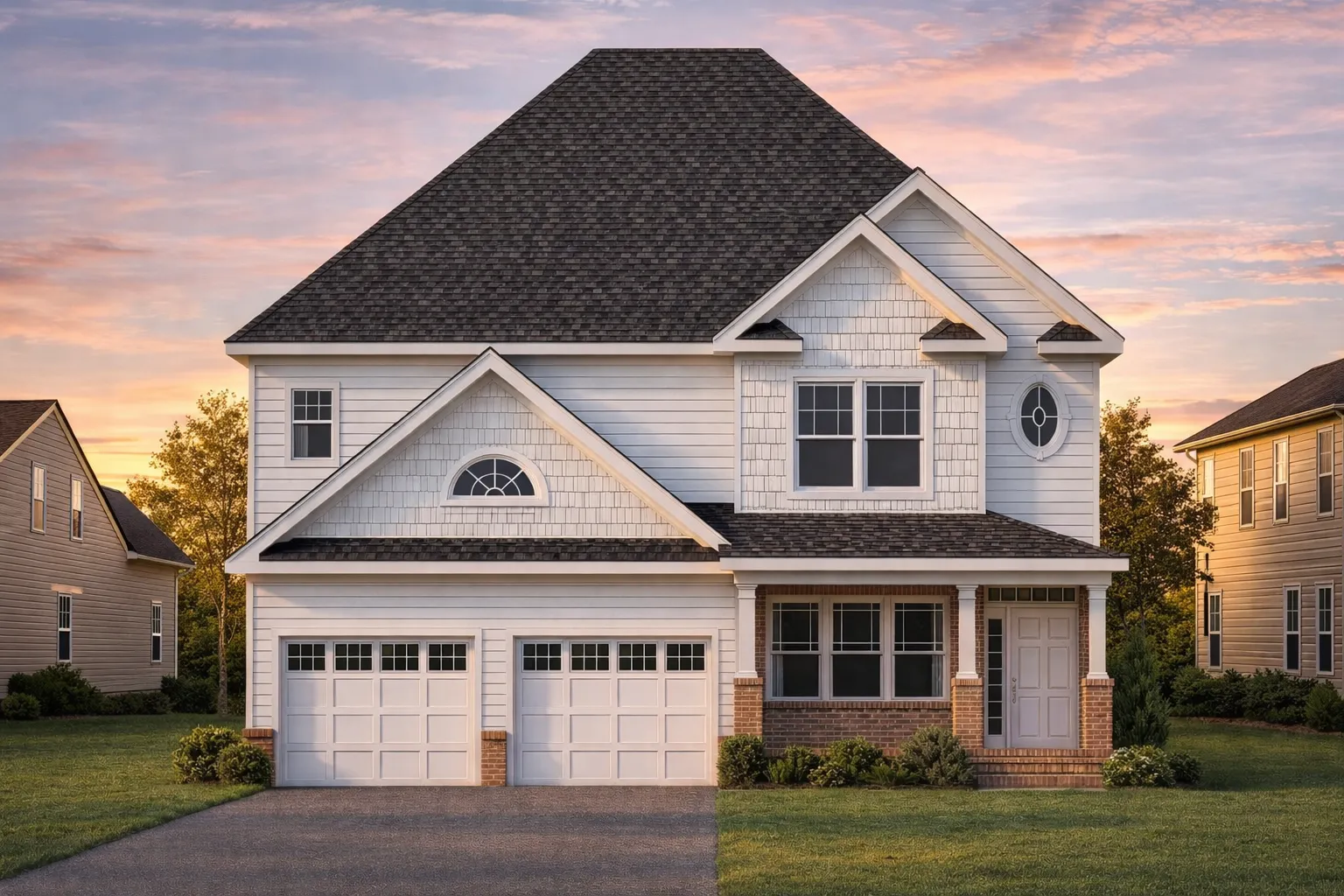 Front elevation of a New American traditional style home featuring horizontal siding, stone accents, front porch, and symmetrical Colonial Revival detailing