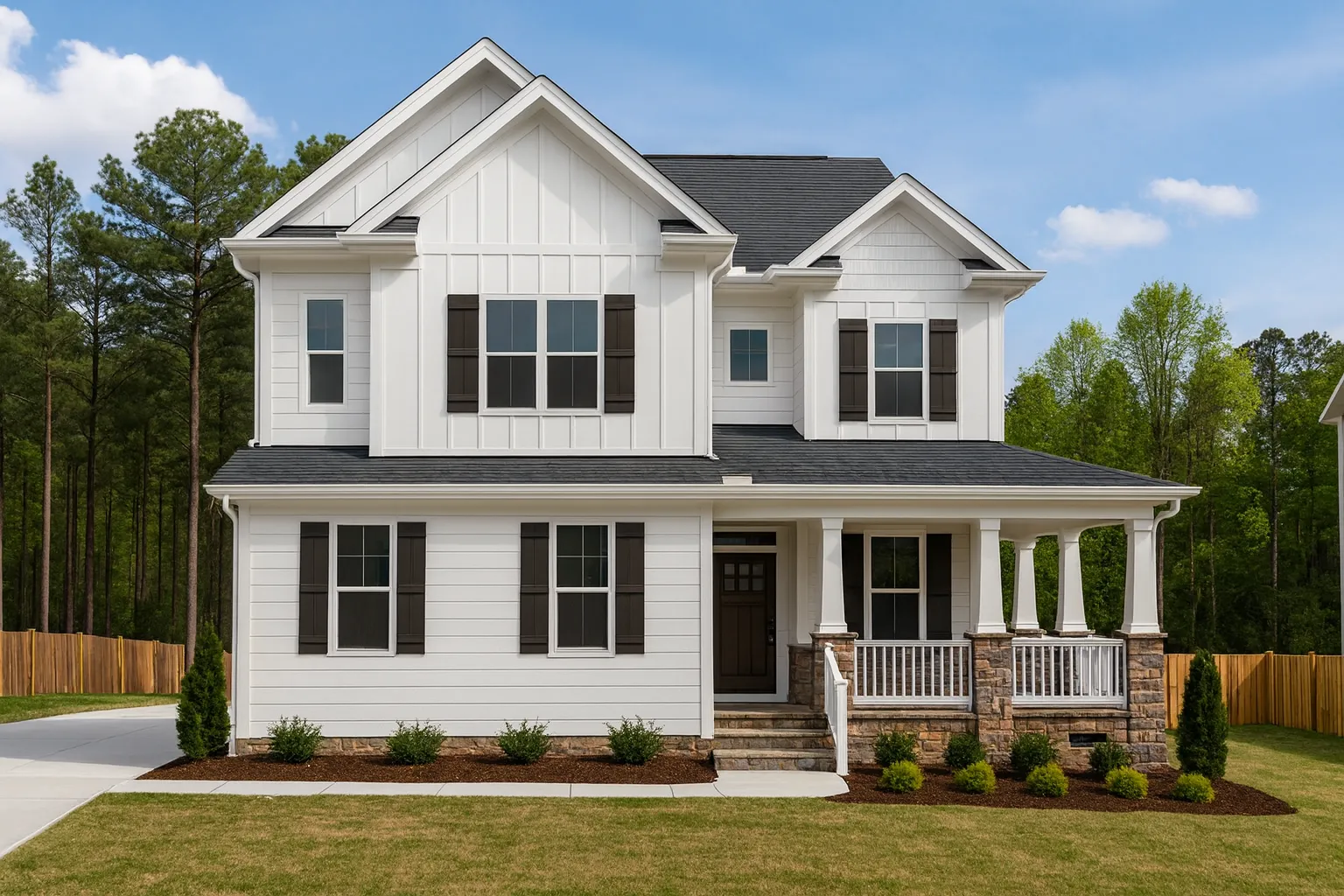 Front elevation of a Modern Farmhouse suburban home with board-and-batten siding, horizontal siding, and stone accents