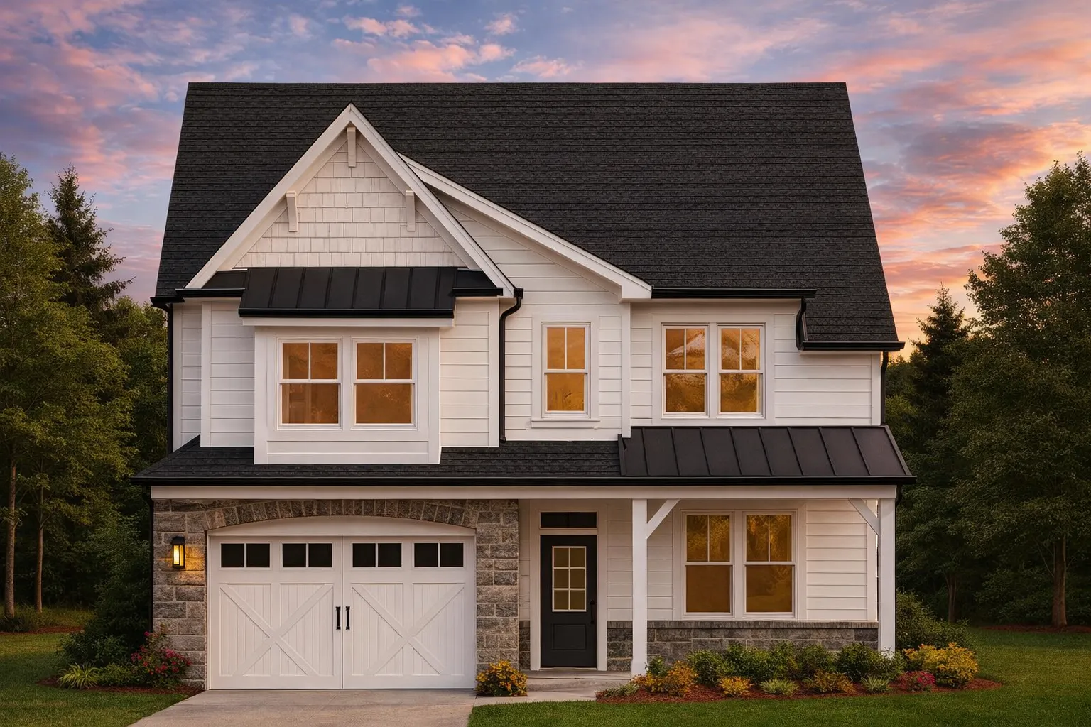 Front view of a Modern Farmhouse style home featuring white board and batten siding, stone detailing, and dark metal roof accents