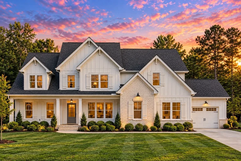 Front elevation of a Modern Farmhouse home featuring board and batten siding, stone accents, gabled rooflines, and a welcoming front porch