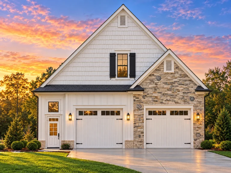 Front elevation of a Traditional Suburban Craftsman-style home featuring horizontal siding, stone veneer, symmetrical gables, and carriage-style garage doors
