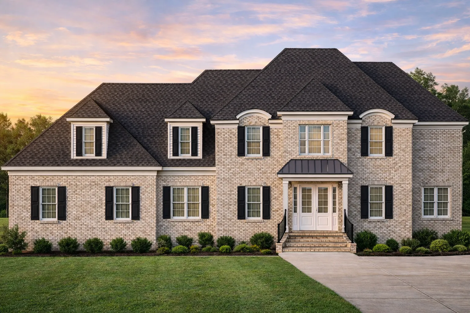 Two-story Colonial Traditional brick house with gabled roof, black shutters, and covered entry porch
