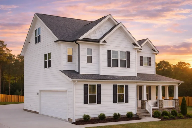 Front elevation of a New American farmhouse style home featuring board and batten siding, symmetrical windows, covered front porch, and classic suburban curb appeal