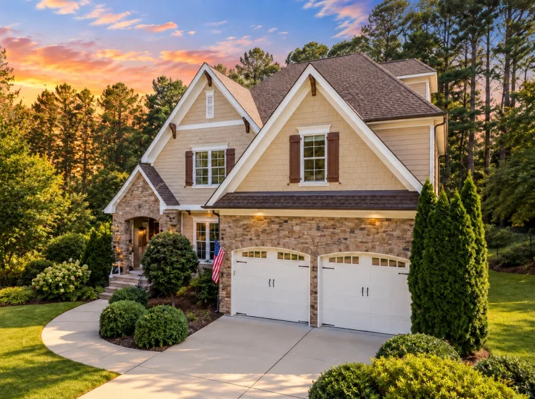 Front elevation of a New American modern traditional house with horizontal siding, stone accents, gabled rooflines, and attached two-car garage