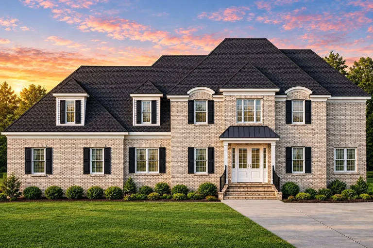 Georgian House Plans 1 Two-story Colonial Traditional brick house with gabled roof, black shutters, and covered entry porch
