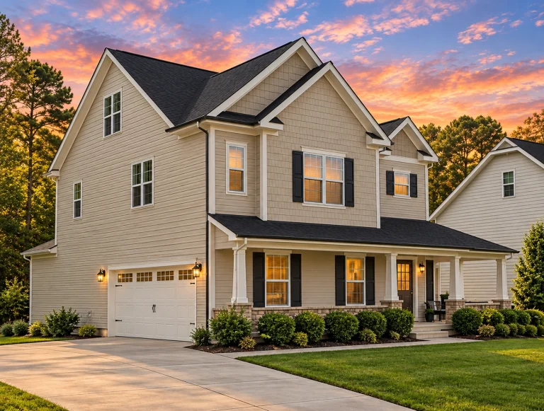 Front elevation of a New American farmhouse style home featuring board and batten siding, symmetrical windows, covered front porch, and classic suburban curb appeal