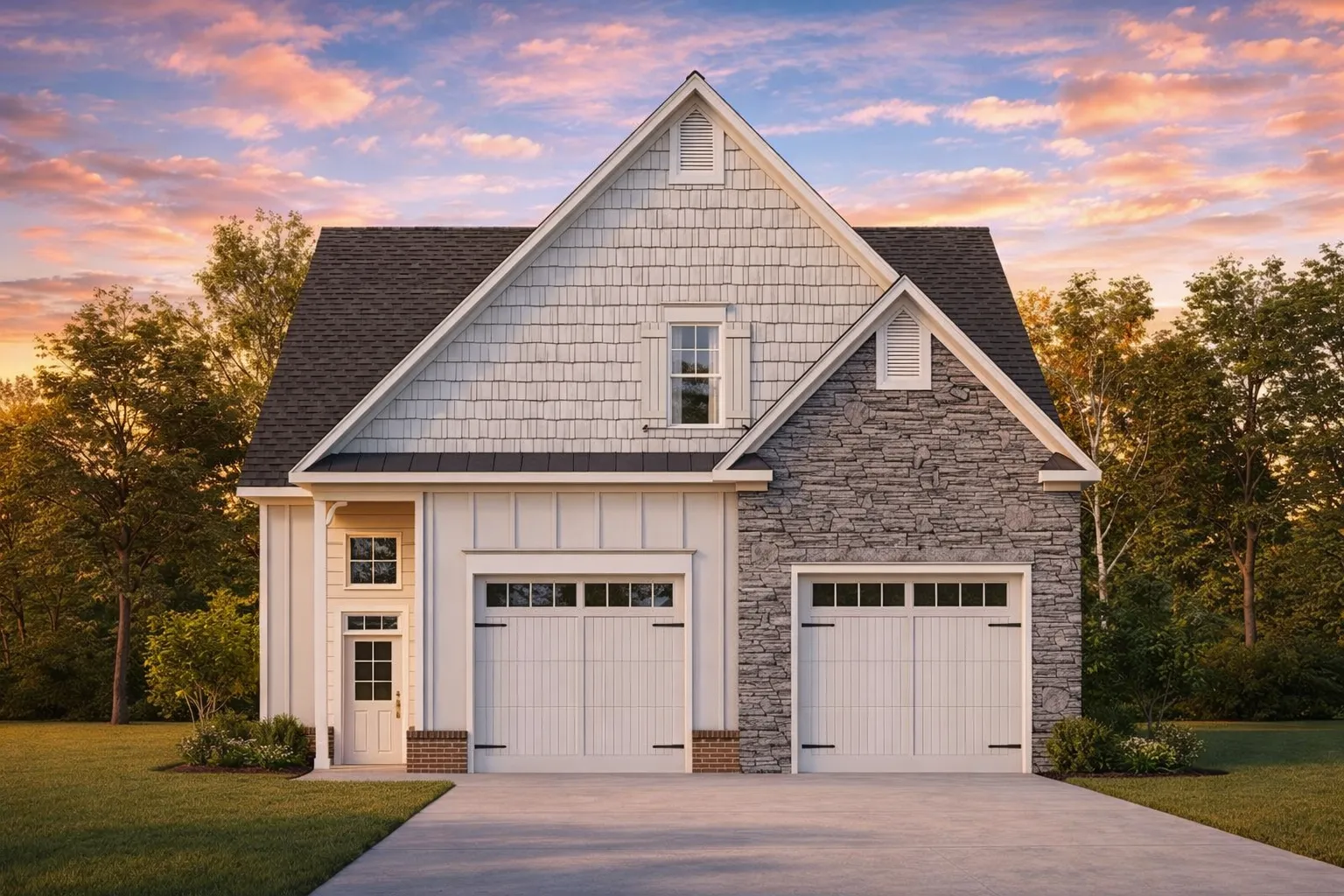 Condo Floor Plans 17 Front elevation of a Traditional Suburban Craftsman-style home featuring horizontal siding, stone veneer, symmetrical gables, and carriage-style garage doors