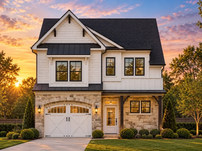 Front view of a Modern Farmhouse style home featuring white board and batten siding, stone detailing, and dark metal roof accents