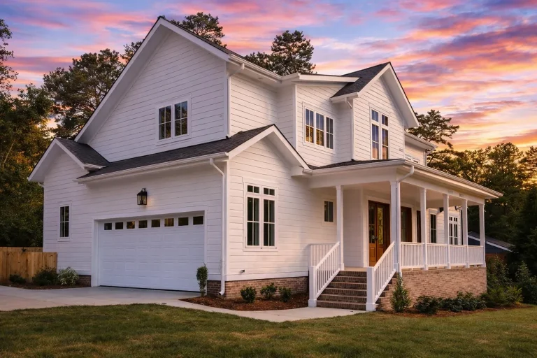 House Plans 9 Front elevation of a Traditional Colonial style home featuring horizontal lap siding, brick foundation, and a full-width covered porch