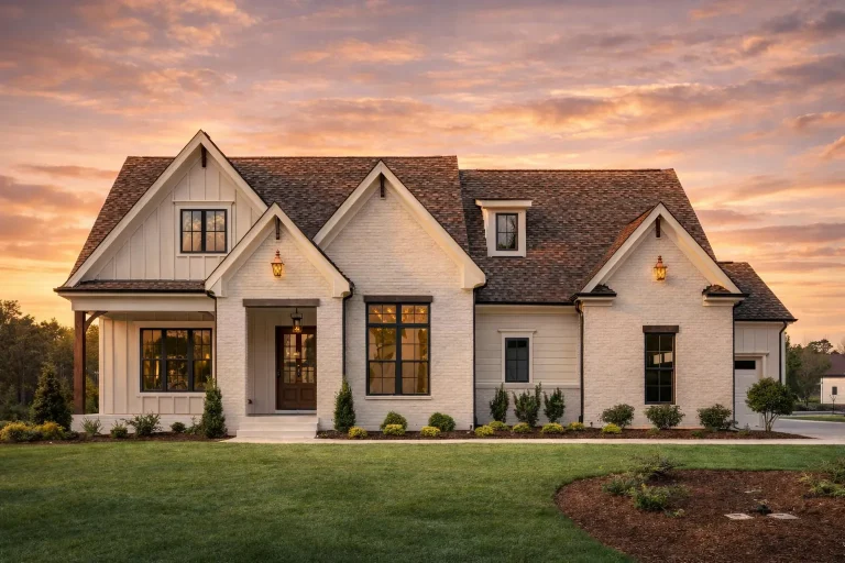 Front exterior of a Modern Farmhouse style home featuring painted brick, board-and-batten siding, steep gables, and a welcoming covered porch