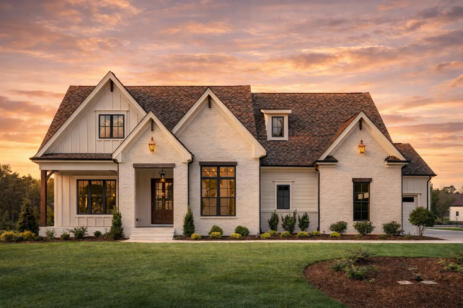 Craftsman House Plans 25 Front exterior of a Modern Farmhouse style home featuring painted brick, board-and-batten siding, steep gables, and a welcoming covered porch