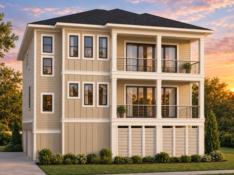 House Plans with Spacious Laundry Room 7 Front exterior of a Coastal Low Country style beach house with board and batten siding, elevated design, covered balconies, and classic Southern proportions