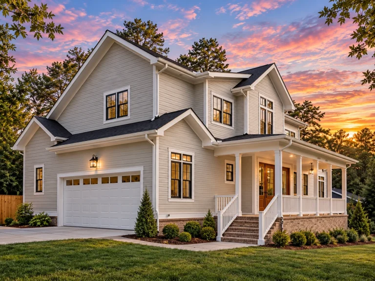 Front elevation of a Traditional Colonial style home featuring horizontal lap siding, brick foundation, and a full-width covered porch