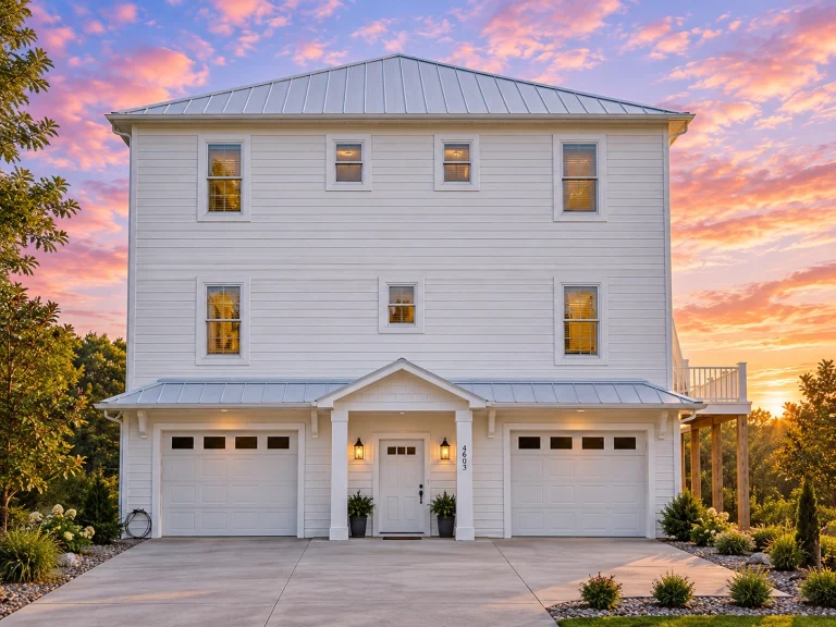Top Designer-Approved House Plans 22 Front elevation of a Coastal Traditional garage apartment with horizontal siding, two-car garage, and balanced three-story design