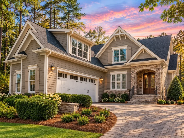 Front elevation of a Craftsman style home with brick accents, shake siding, gabled rooflines, and a covered entry porch