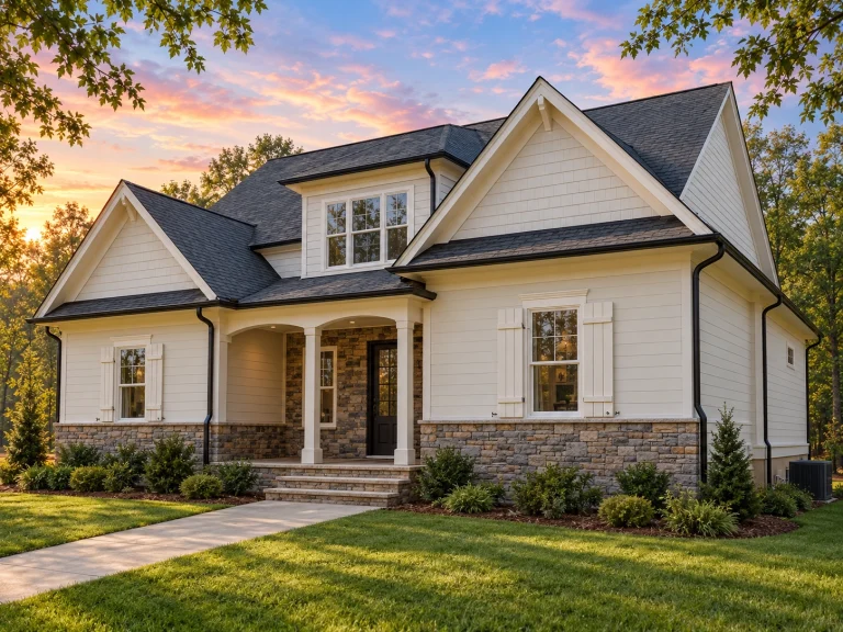 Front exterior view of a Modern Farmhouse style home with board and batten siding, stone foundation accents, covered porch, and gabled rooflines