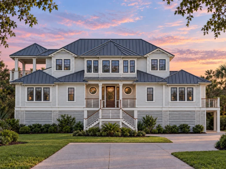 Front elevation of a Coastal Traditional Shingle Style home featuring cedar shingle siding, symmetrical architecture, and a classic coastal porch