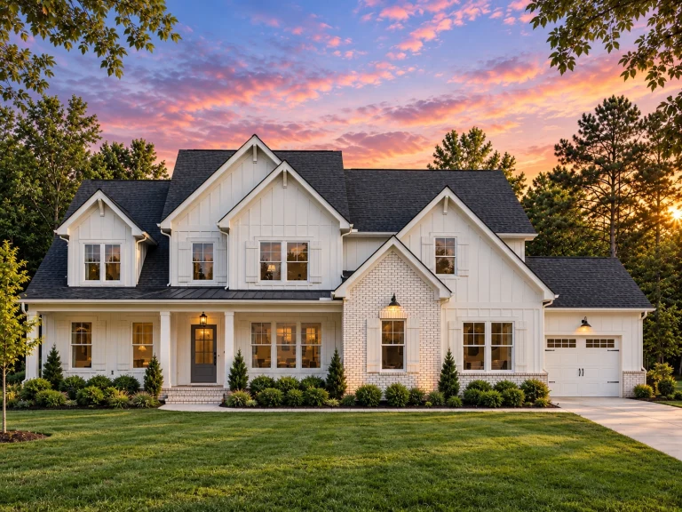 Front elevation of a Modern Farmhouse home featuring board and batten siding, stone accents, gabled rooflines, and a welcoming front porch