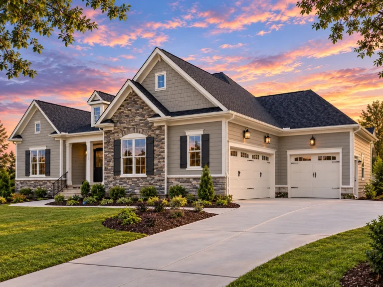 Front exterior of a New American Modern Traditional house featuring horizontal siding, stone veneer accents, symmetrical windows, and a welcoming covered entry