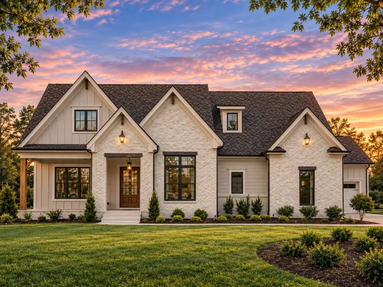 Front exterior of a Modern Farmhouse style home featuring painted brick, board-and-batten siding, steep gables, and a welcoming covered porch