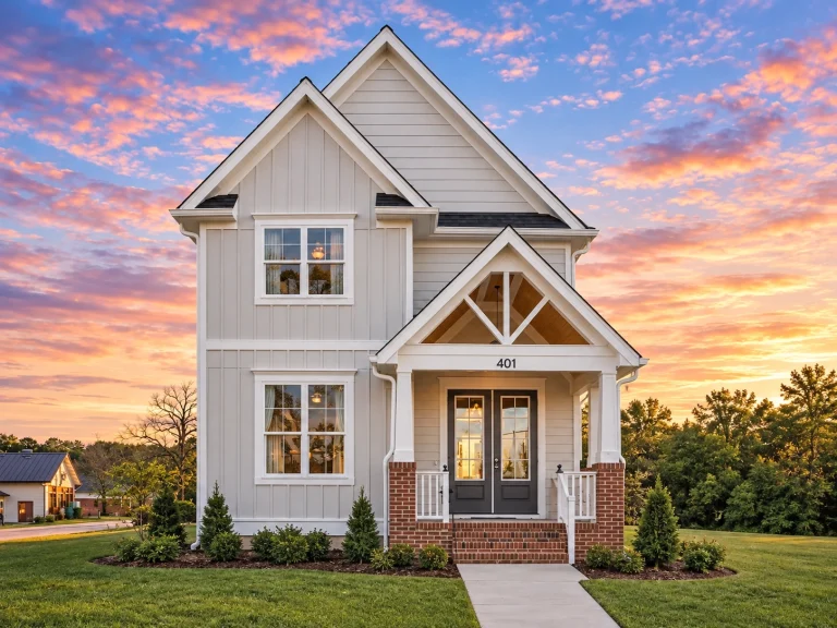 Conventional House Plans 2 Front elevation of a Modern Farmhouse Craftsman style home with board and batten siding, stone foundation, and covered porch entry