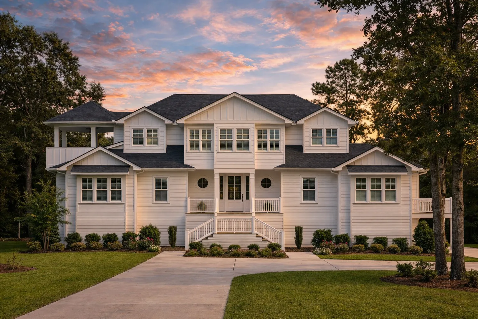 Front elevation of a Coastal Traditional Shingle Style home featuring cedar shingle siding, symmetrical architecture, and a classic coastal porch