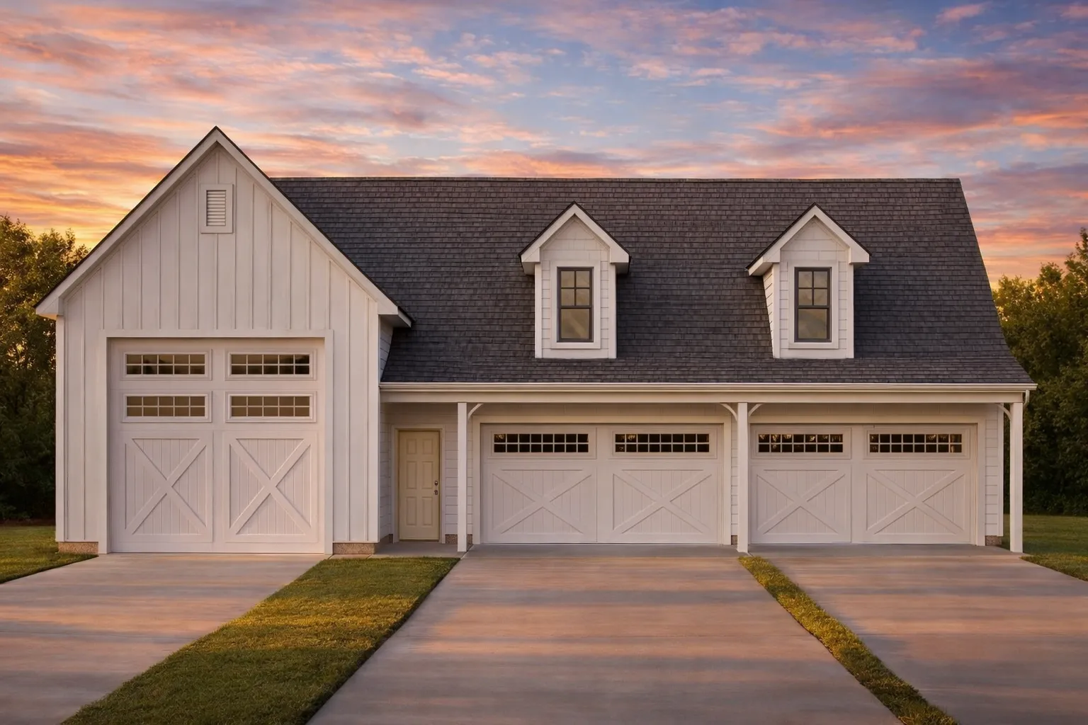 Front elevation of modern farmhouse style three-car garage with board and batten siding, gabled roof, and dormer windows