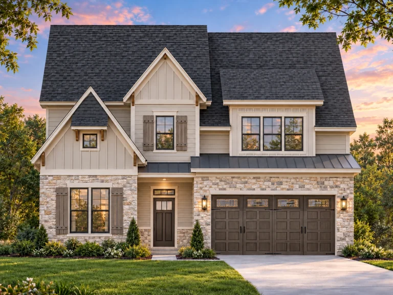 Front view of Modern Farmhouse home featuring board and batten siding, horizontal lap siding, stone base, and two-car garage under gabled rooflines