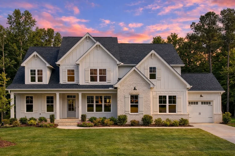 Front elevation of a Modern Farmhouse home featuring board and batten siding, stone accents, gabled rooflines, and a welcoming front porch