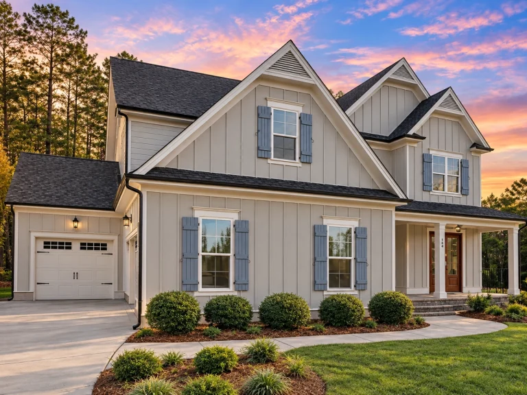 House Plans with Terrace 19 Front elevation of a New American modern traditional house featuring board and batten siding, symmetrical windows, and a welcoming covered porch