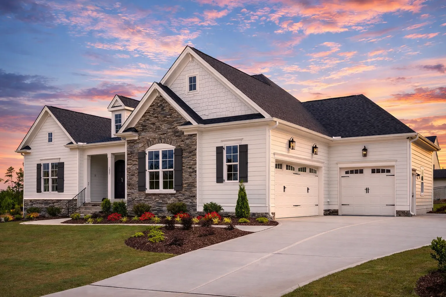 Front exterior of a New American Modern Traditional house featuring horizontal siding, stone veneer accents, symmetrical windows, and a welcoming covered entry