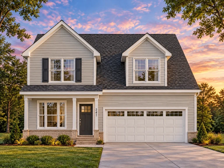 Front elevation of a Traditional Colonial Revival style house featuring horizontal siding, stone accents, black shutters, and a symmetrical two-story façade with an attached two-car garage.
