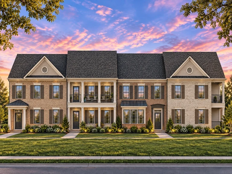 Front view of a Colonial Revival and Neo-Colonial style townhome showcasing a balanced brick and siding exterior with double porches and classic shutters.