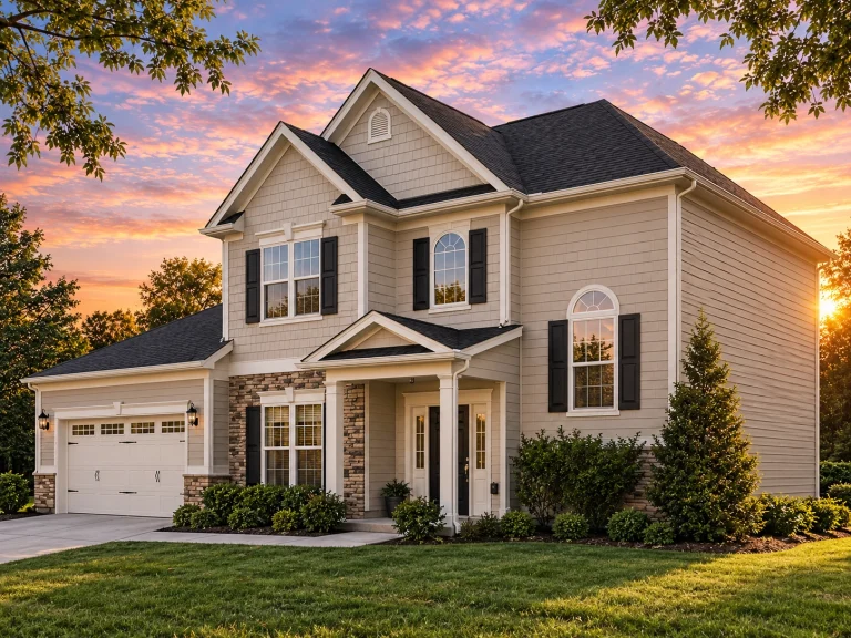 Front elevation of a Traditional Colonial New American style house featuring light-colored lap siding, stone-accented gable, symmetrical windows, and attached two-car garage