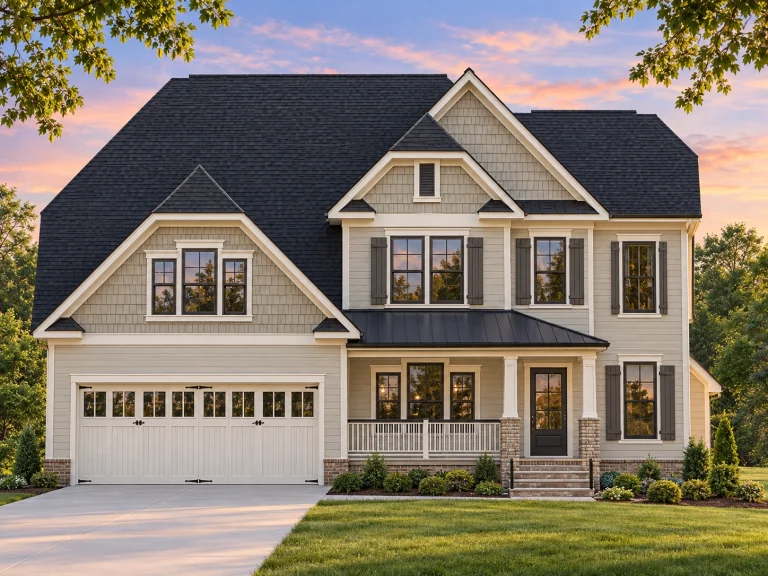 Transitional Ranch House Plans 6 Front elevation of a modern farmhouse style two-story home with white siding, stone foundation, black shutters, and a covered front porch