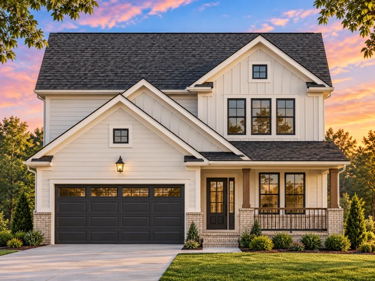 Front elevation of Modern Farmhouse Colonial Revival home with horizontal siding, board and batten gables, stone accents, covered porch, and two-car garage