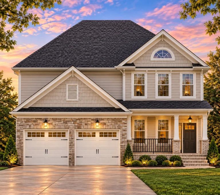 Front elevation of a New American traditional style home featuring horizontal siding, stone accents, front porch, and symmetrical Colonial Revival detailing