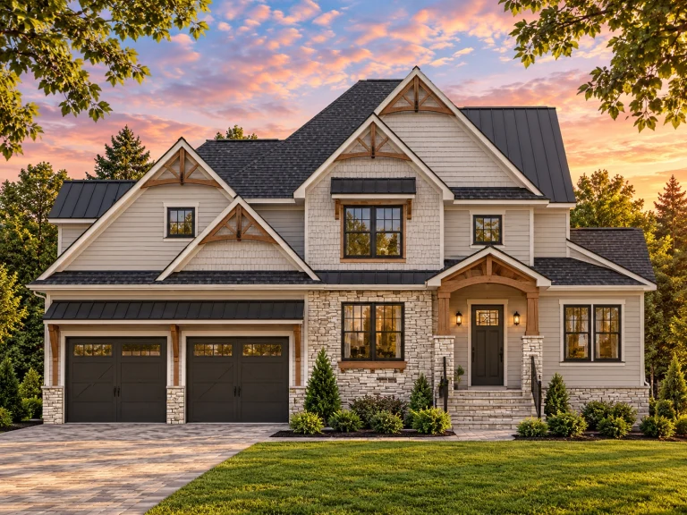 Front elevation of modern farmhouse style home with board and batten siding, stone veneer, gabled rooflines, and two-car garage