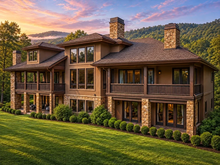 Courtyard House Plans 18 Front exterior of a Mountain Craftsman style home featuring natural stone, wood siding, deep covered porches, and forested surroundings