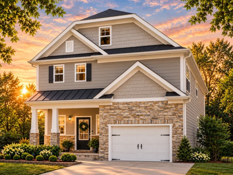 3 Bedroom House Plans 4 Front view of a Modern Farmhouse style home featuring board and batten siding, stone accents, and wood trim with dark shutters and a front-entry garage.