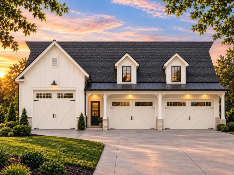 House Plans with Outdoor Kitchen 3 Front elevation of modern farmhouse style three-car garage with board and batten siding, gabled roof, and dormer windows