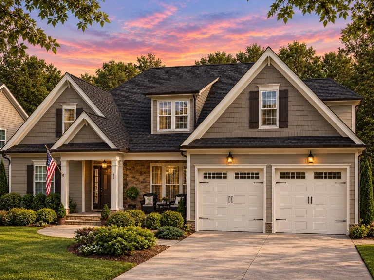 Front elevation of a New American modern traditional home featuring brick and horizontal siding, gabled rooflines, and a two-car garage