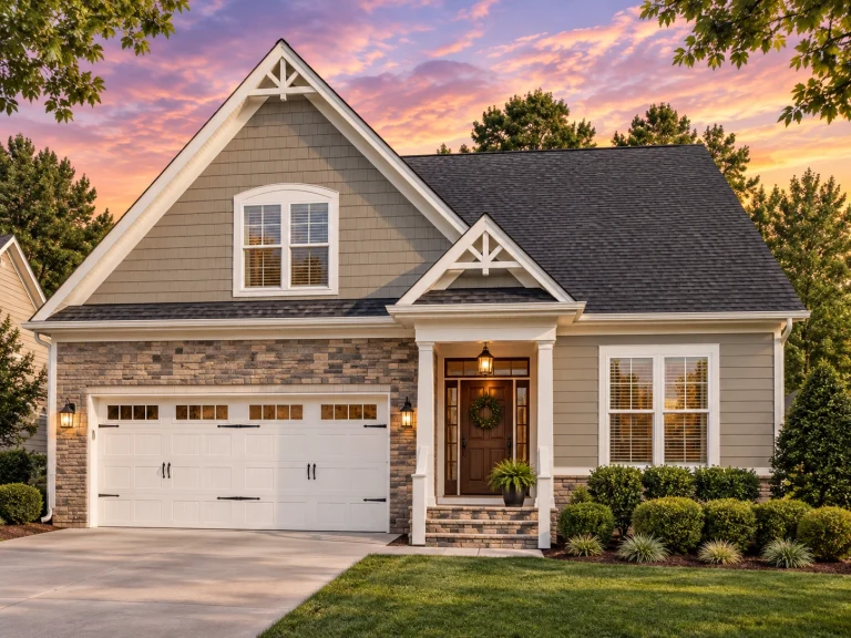 House Plans with Bedrooms on Upper Floor 6 Front elevation of a Cape Cod style home with horizontal siding, brick foundation, gabled rooflines, and traditional suburban curb appeal