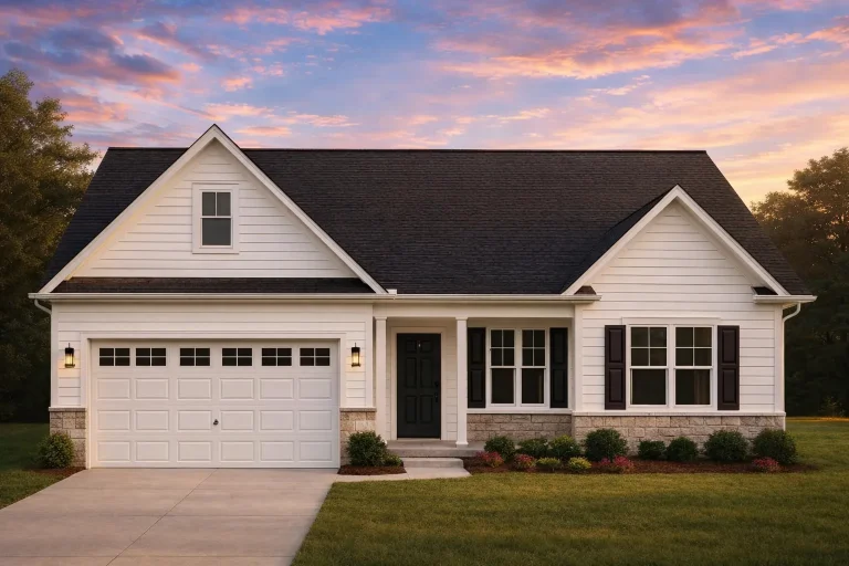 Front view of a Traditional Ranch style home featuring horizontal siding, stone wainscoting, gable rooflines, and a covered porch entry