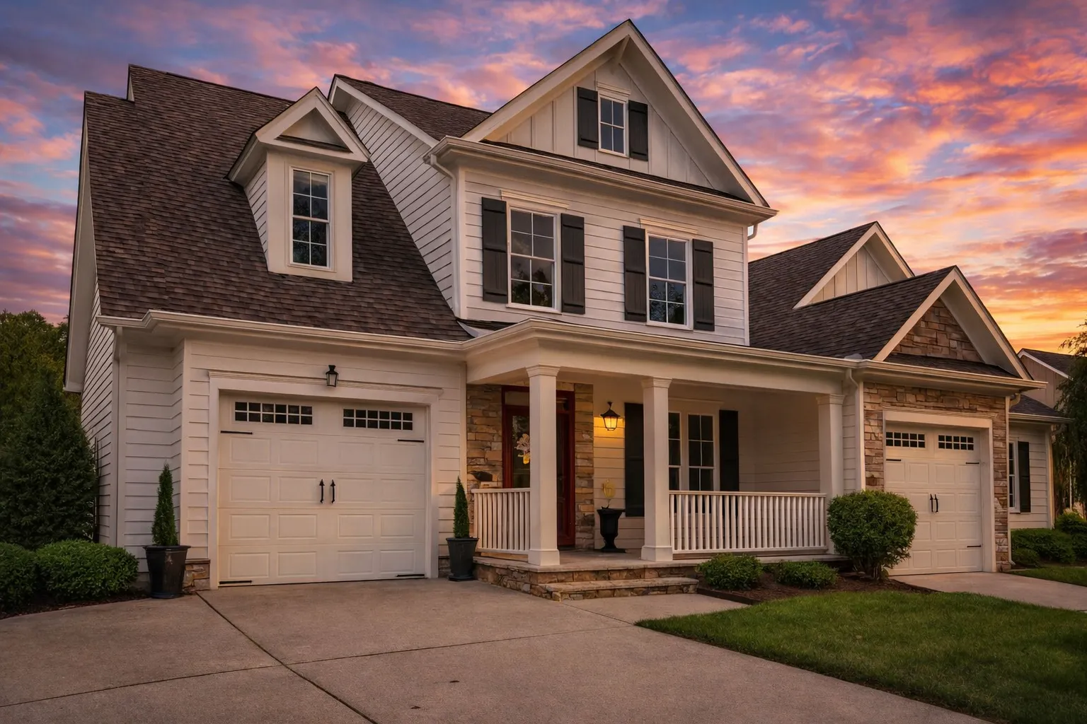 Front elevation of a Traditional Neo-Colonial suburban home featuring horizontal siding, covered front porch, symmetrical windows, and double garage