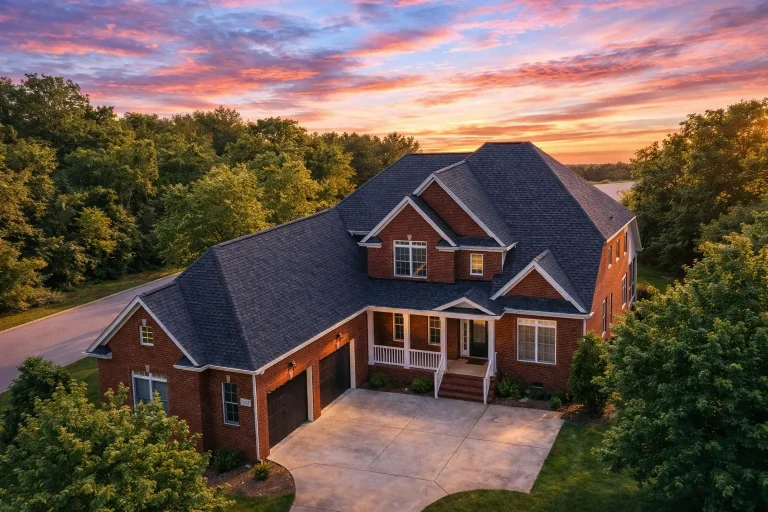 Front elevation of Traditional Colonial brick home with covered porch, gabled rooflines, and two-car garage at sunset